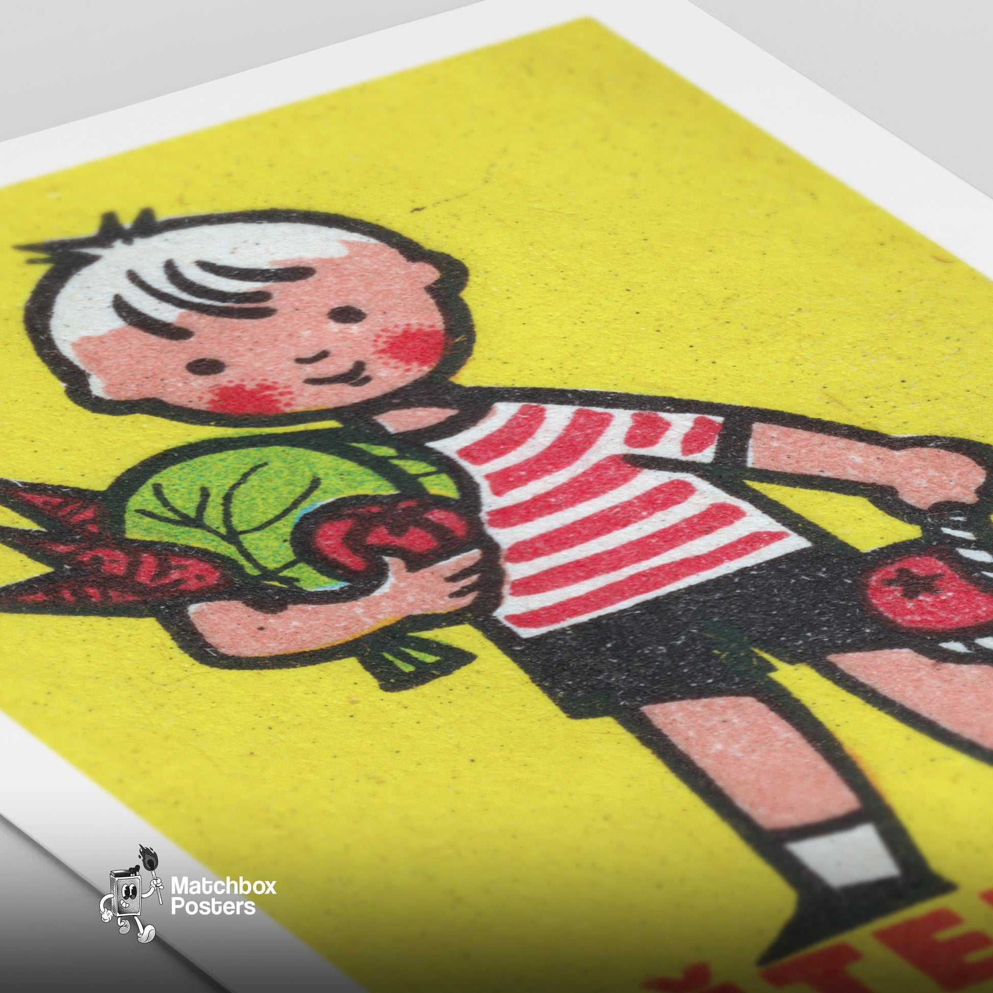 Boy with Basket - vintage matchbox label print - close-up detail