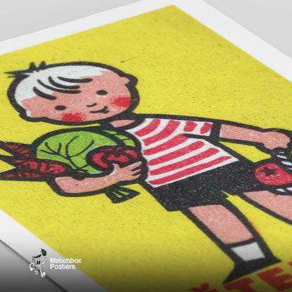 Boy with Basket - vintage matchbox label print - close-up detail