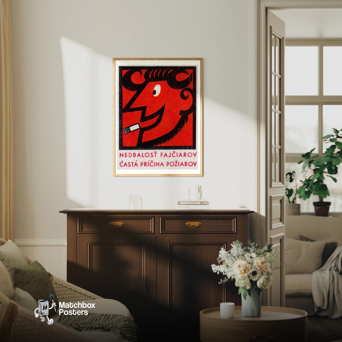Smoking Devil Ram - vintage matchbox label print - living room mockup