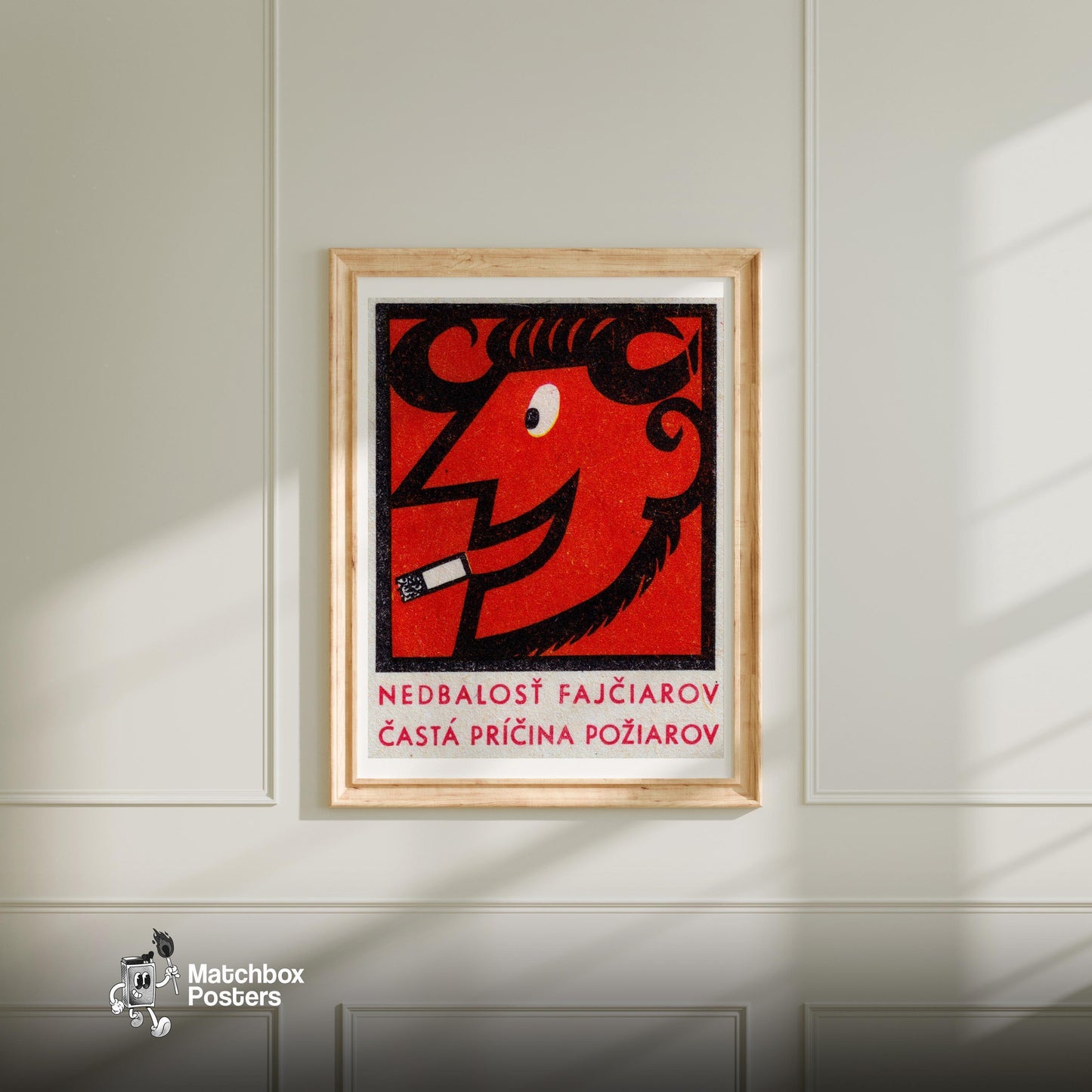 Smoking Devil Ram - vintage matchbox label print - bedroom mockup