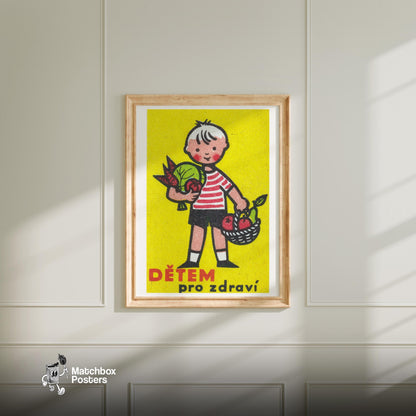 Boy with Basket - vintage matchbox label print - bedroom mockup