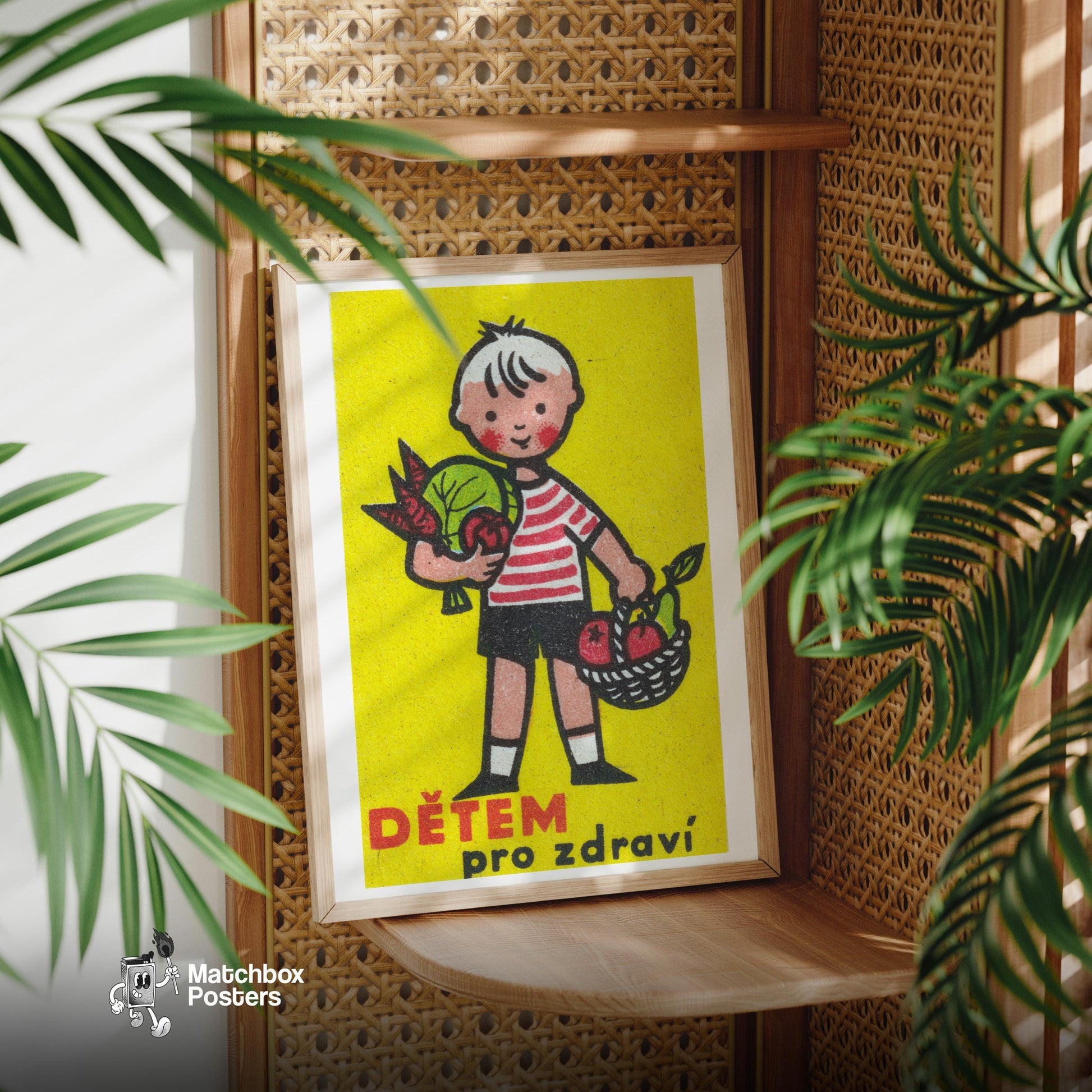 Boy with Basket - vintage matchbox label print - office wall
