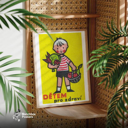 Boy with Basket - vintage matchbox label print - office wall