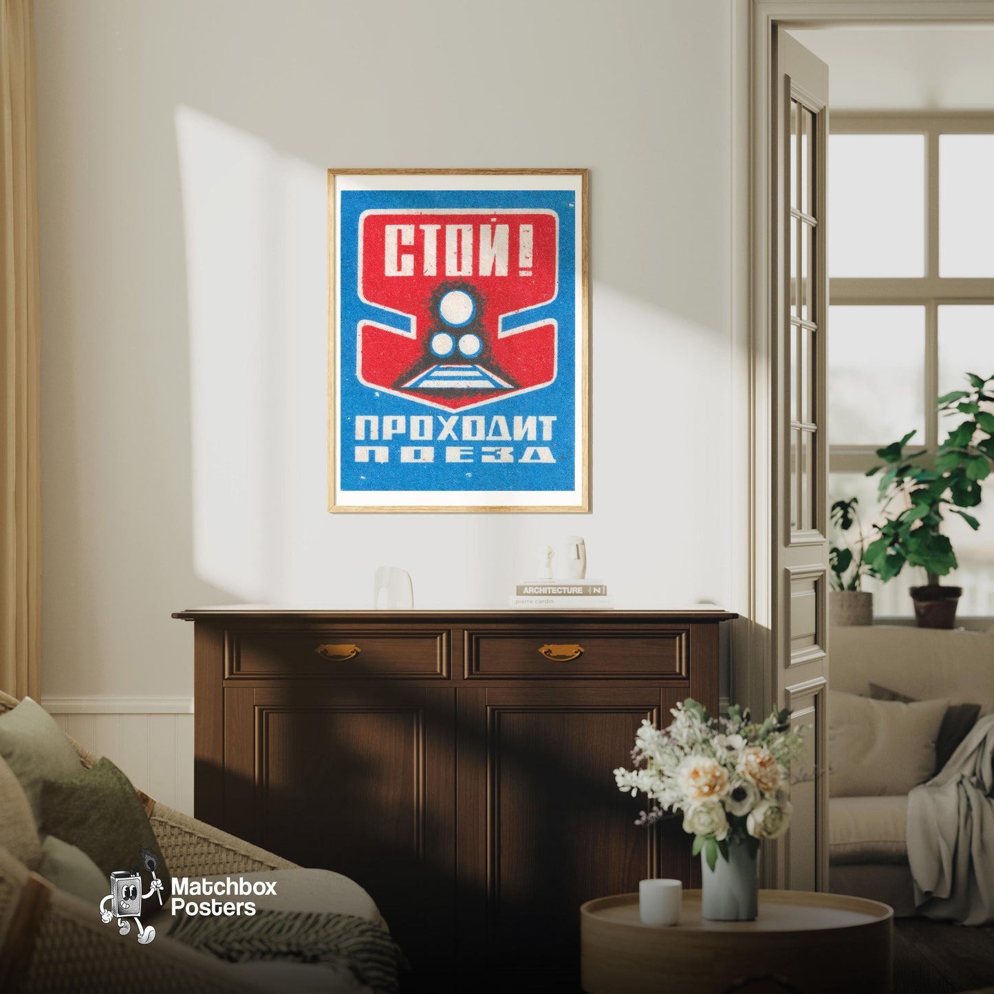 Train on Tracks - vintage matchbox label print - living room mockup