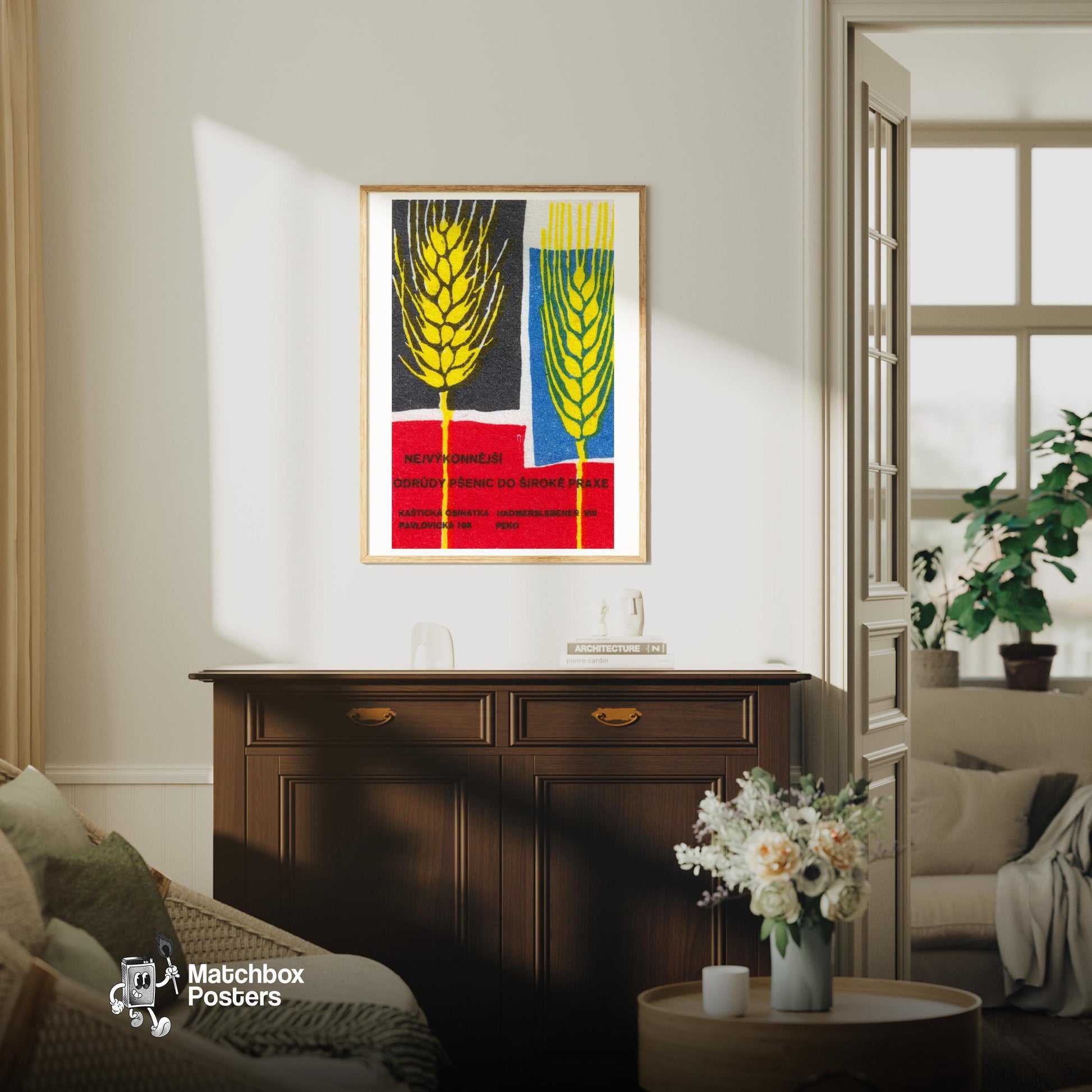 Stylized Wheat Heads - vintage matchbox label print - living room mockup