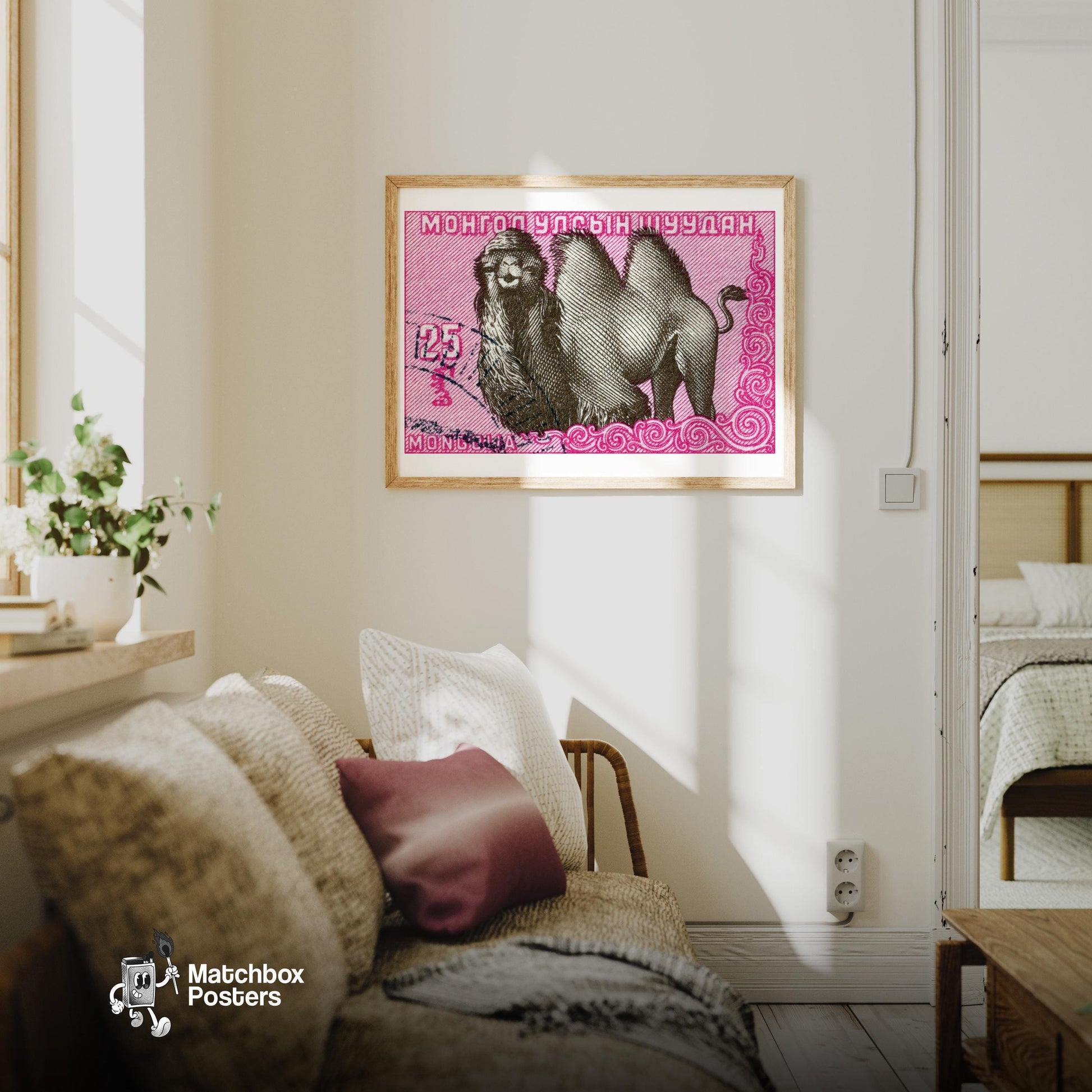 Mongolian Camel Postage Stamp Print - vintage matchbox label print - living room mockup