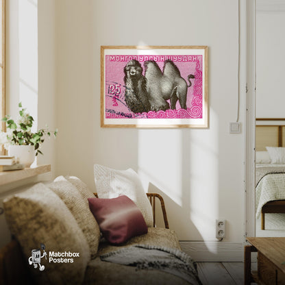 Mongolian Camel Postage Stamp Print - vintage matchbox label print - living room mockup