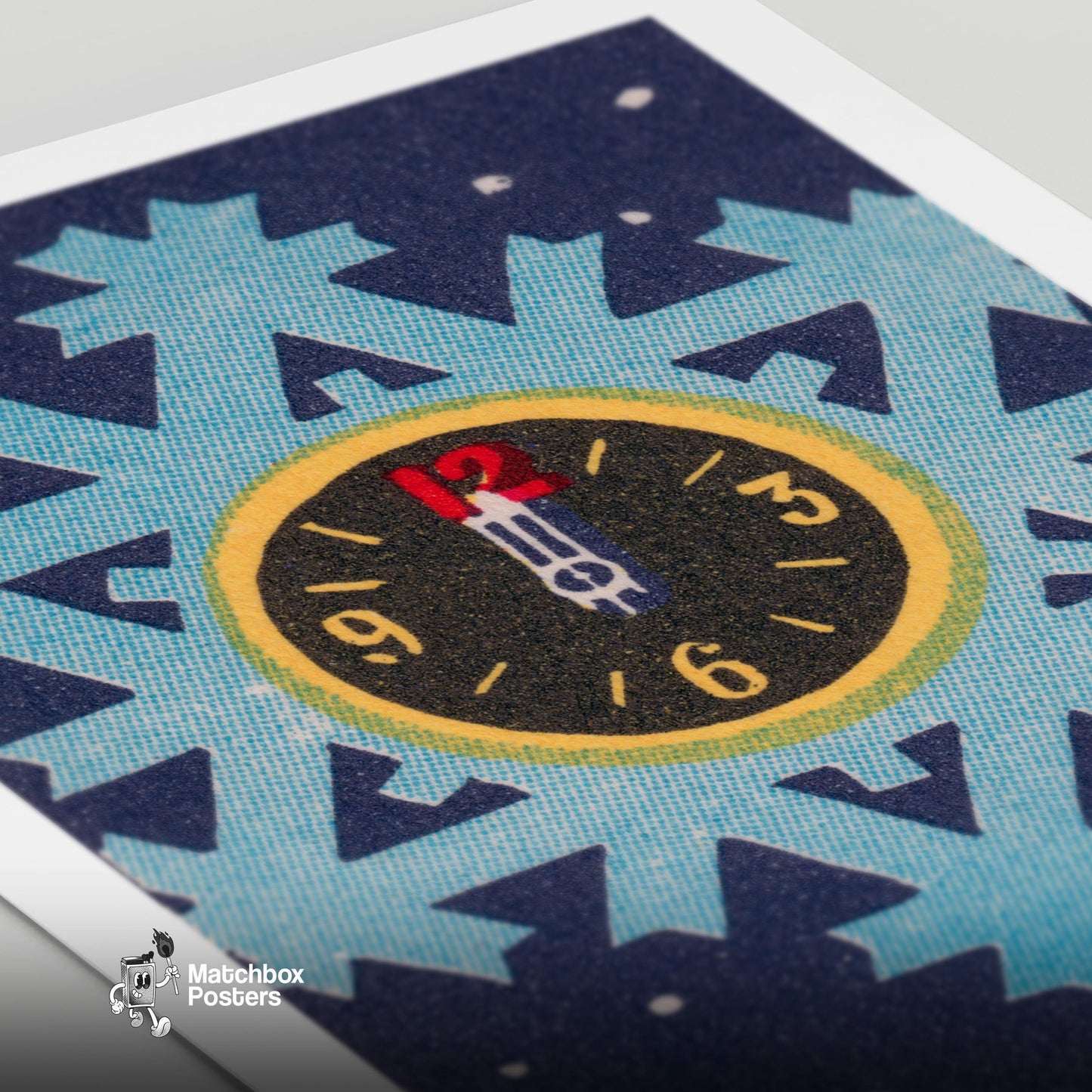Clock on Snowflake - vintage matchbox label print - close-up detail