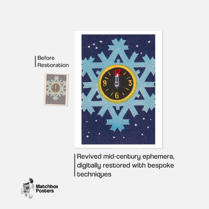 Clock on Snowflake - vintage matchbox label print - framed wall art preview