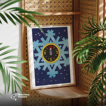 Clock on Snowflake - vintage matchbox label print - office wall