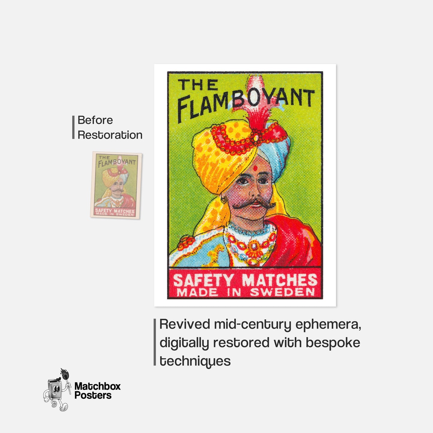 Turbaned Man - vintage matchbox label print - framed wall art preview