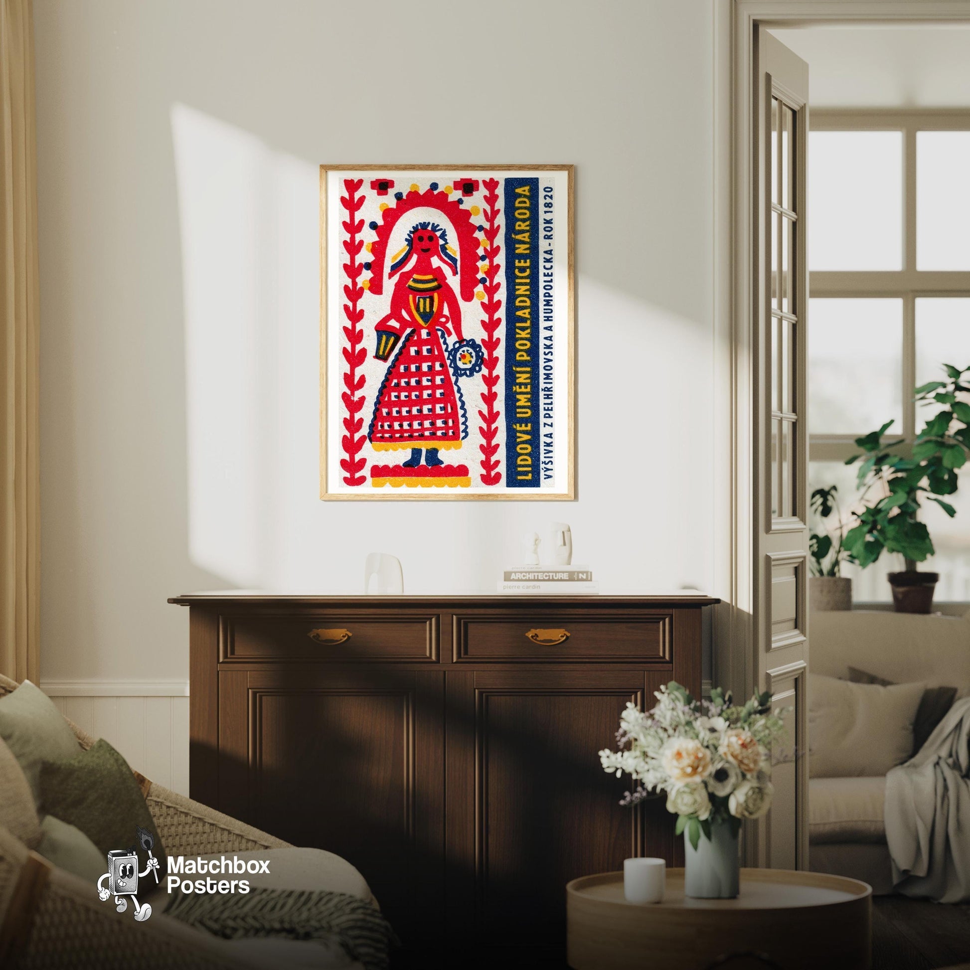 Folk Woman - vintage matchbox label print - living room mockup