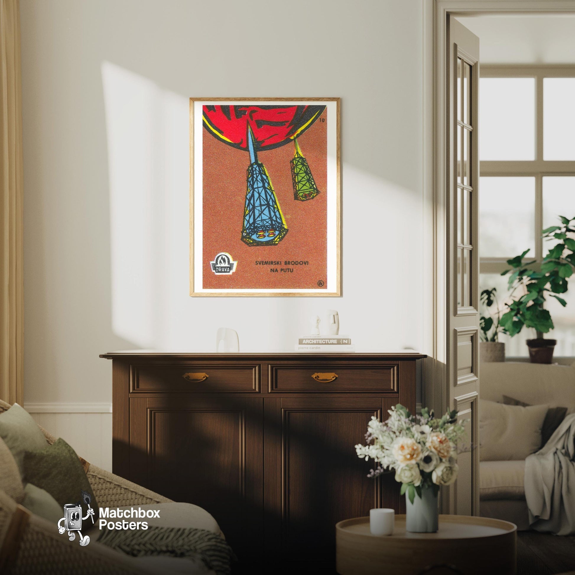 Space Ships Travelling - vintage matchbox label print - living room mockup