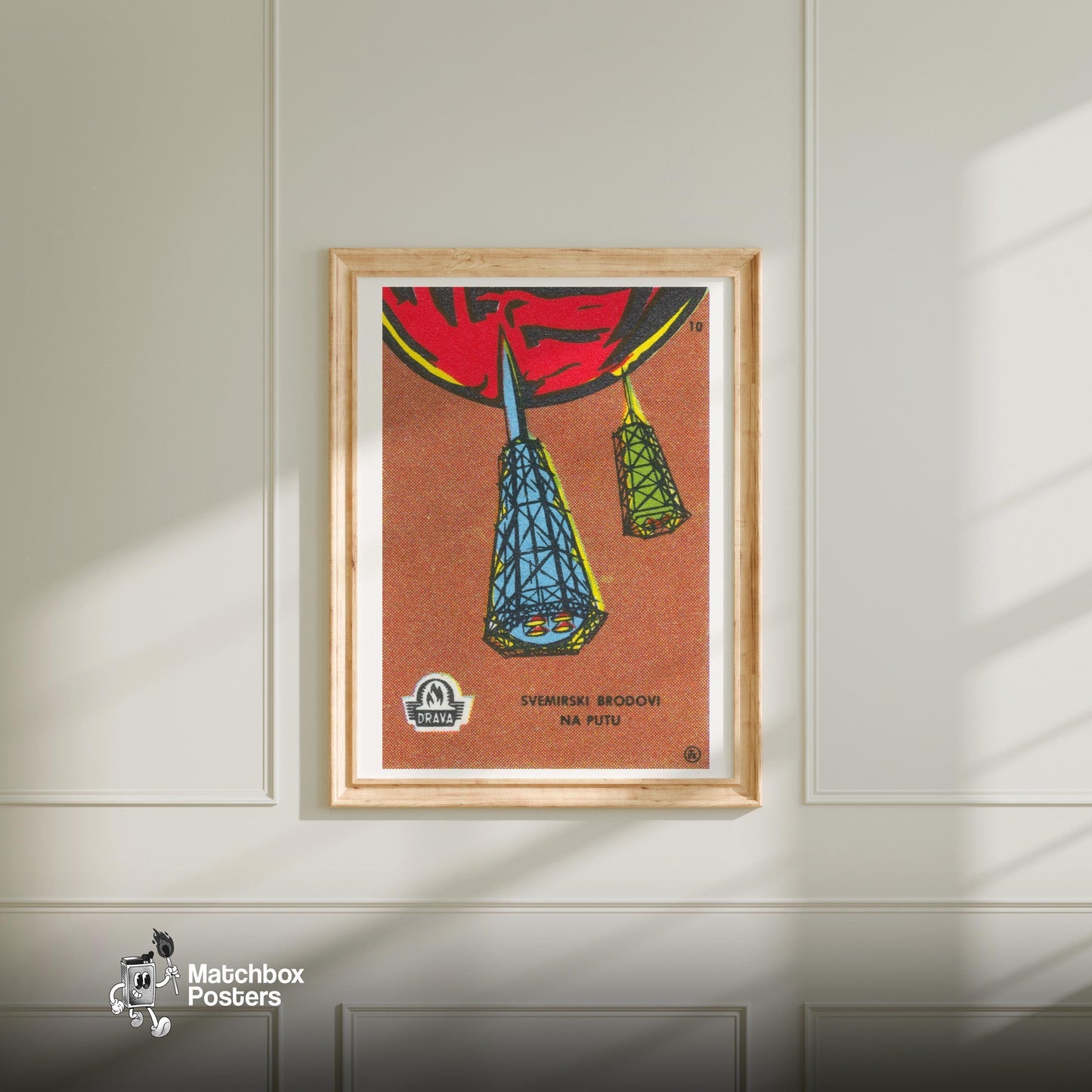 Space Ships Travelling - vintage matchbox label print - bedroom mockup