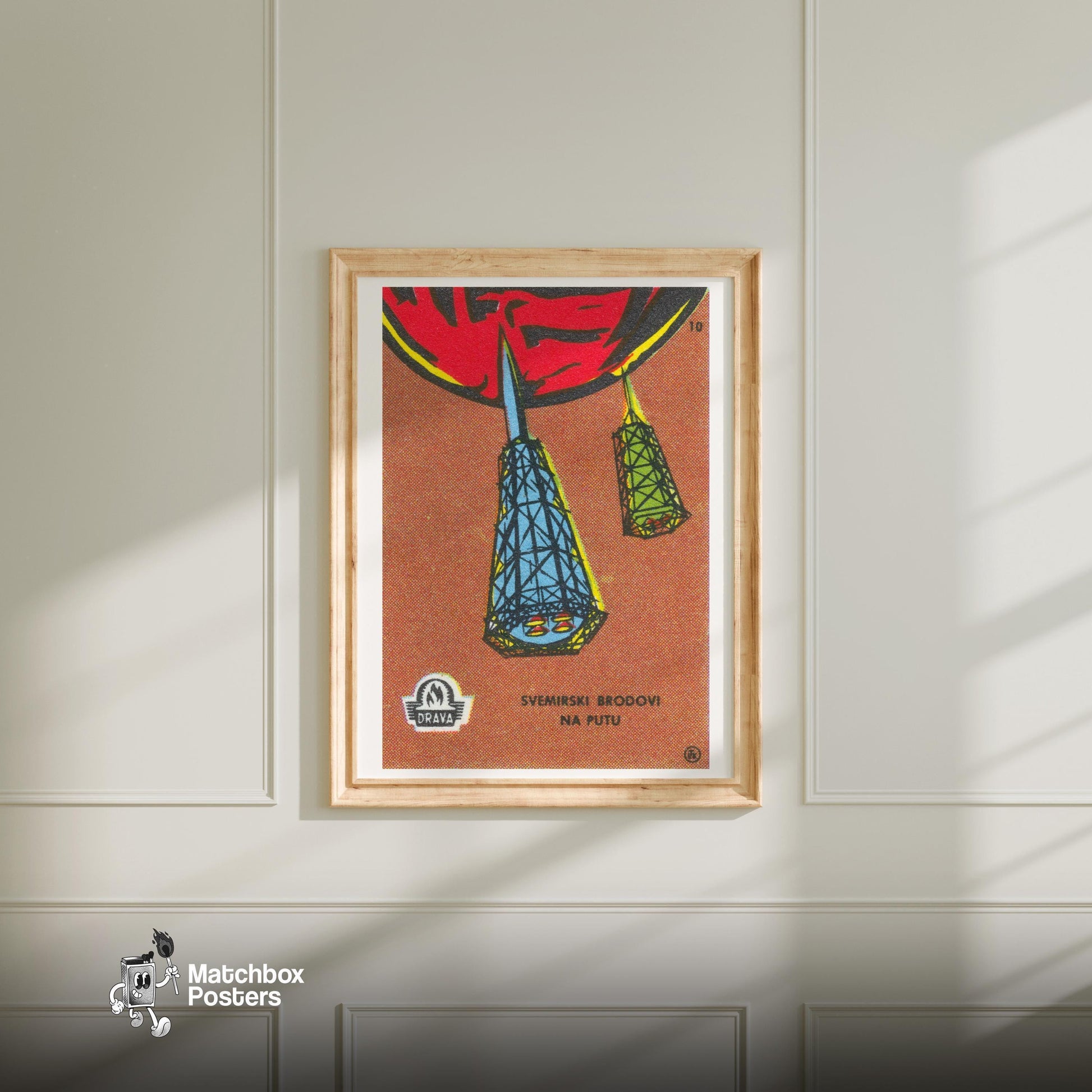 Space Ships Travelling - vintage matchbox label print - bedroom mockup