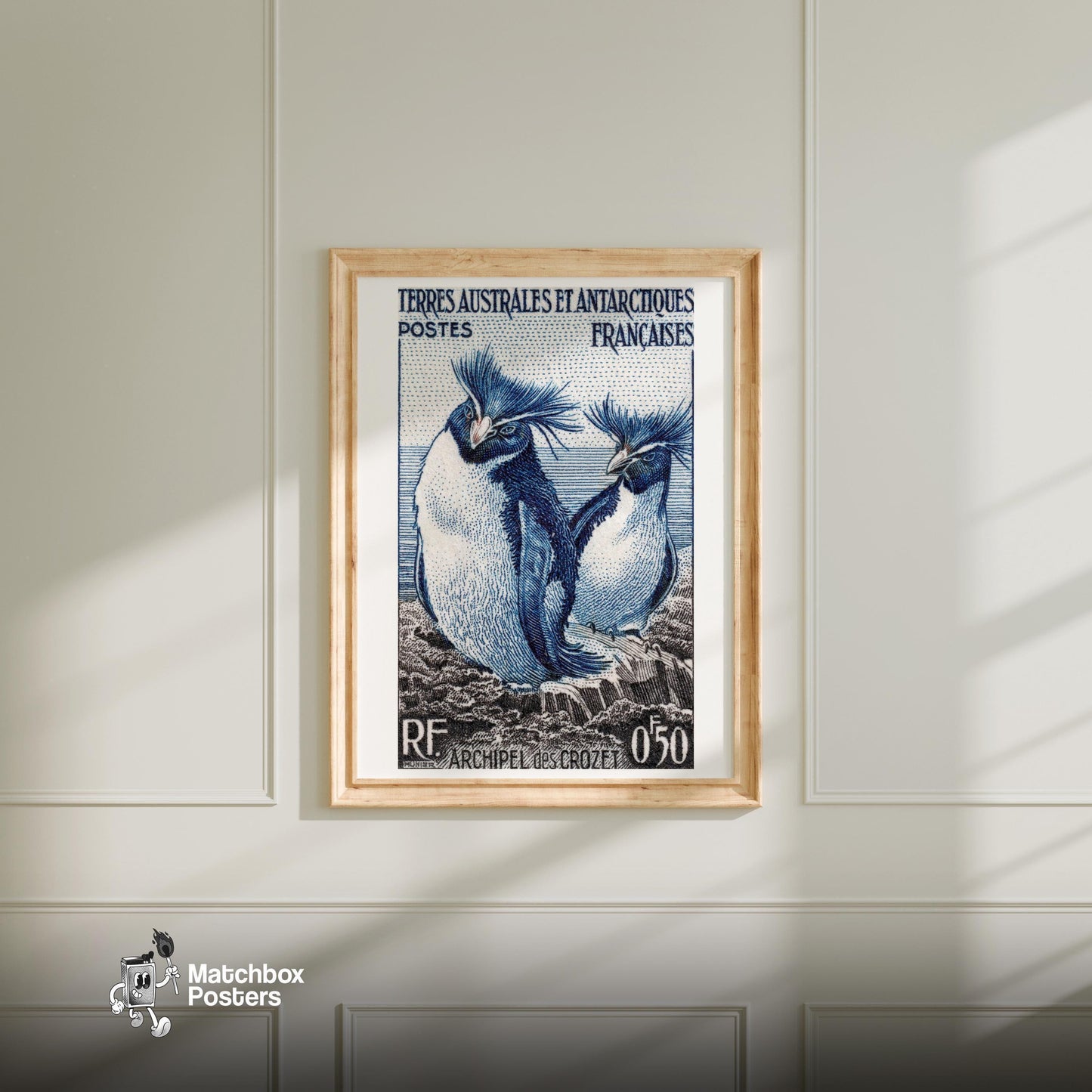 Two Penguins - vintage matchbox label print - bedroom mockup