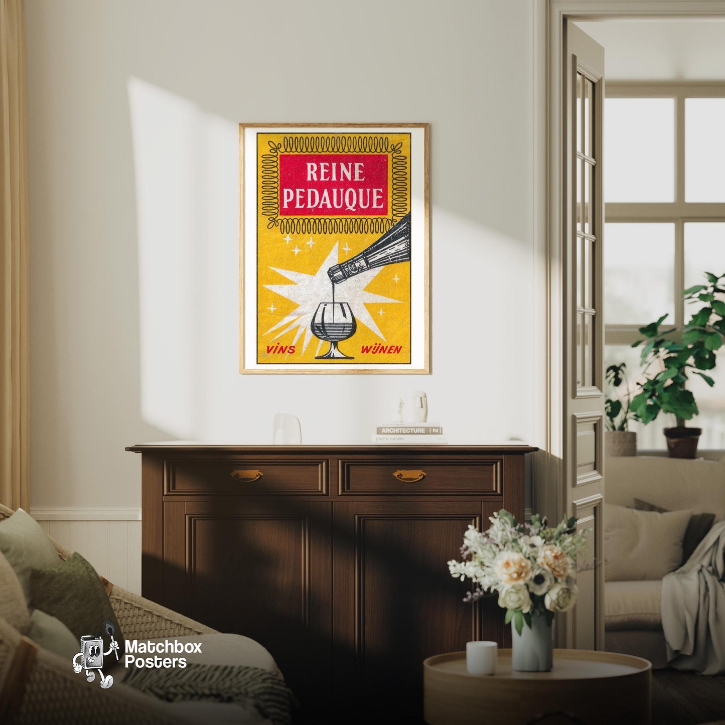 Pouring Wine - vintage matchbox label print - living room mockup