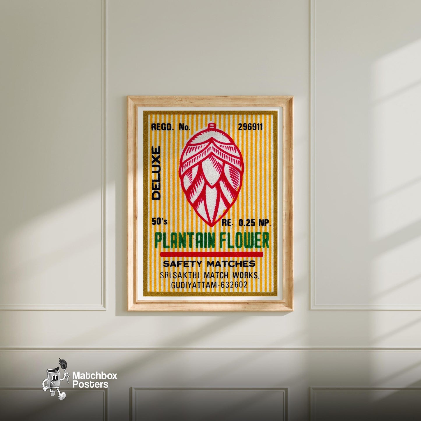 Plantain Flower - vintage matchbox label print - bedroom mockup