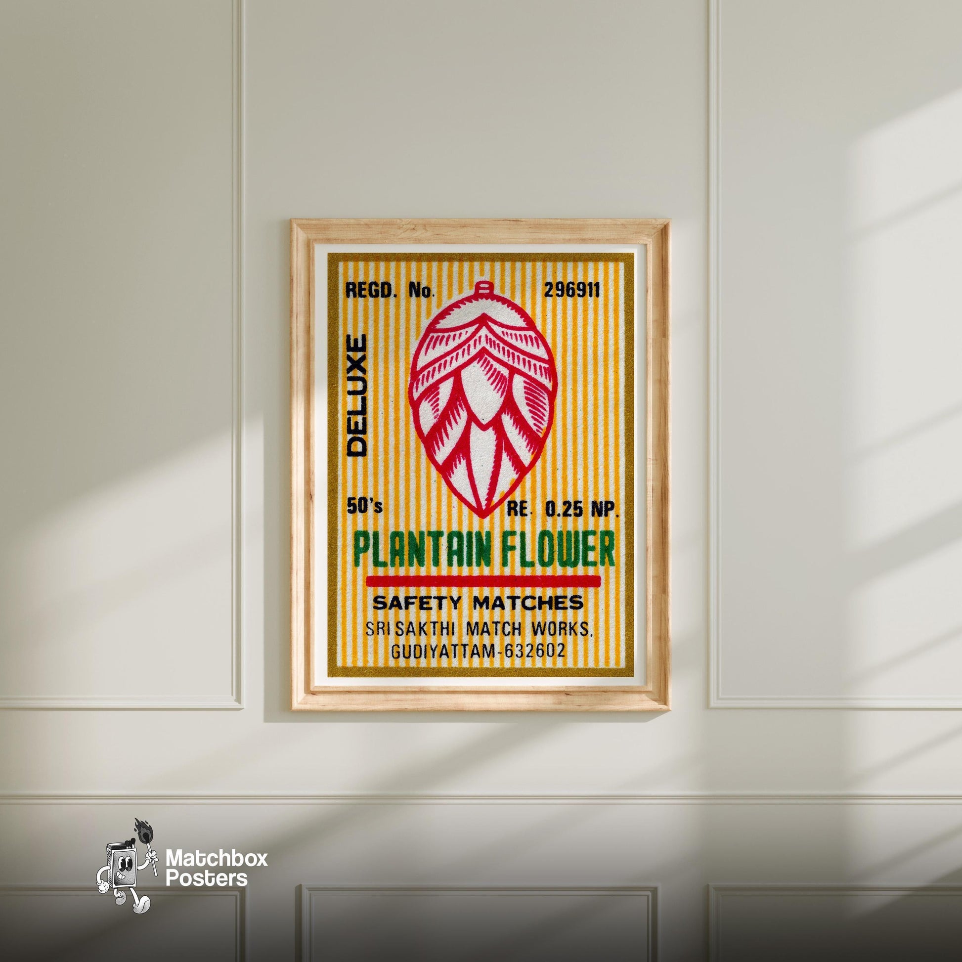Plantain Flower - vintage matchbox label print - bedroom mockup