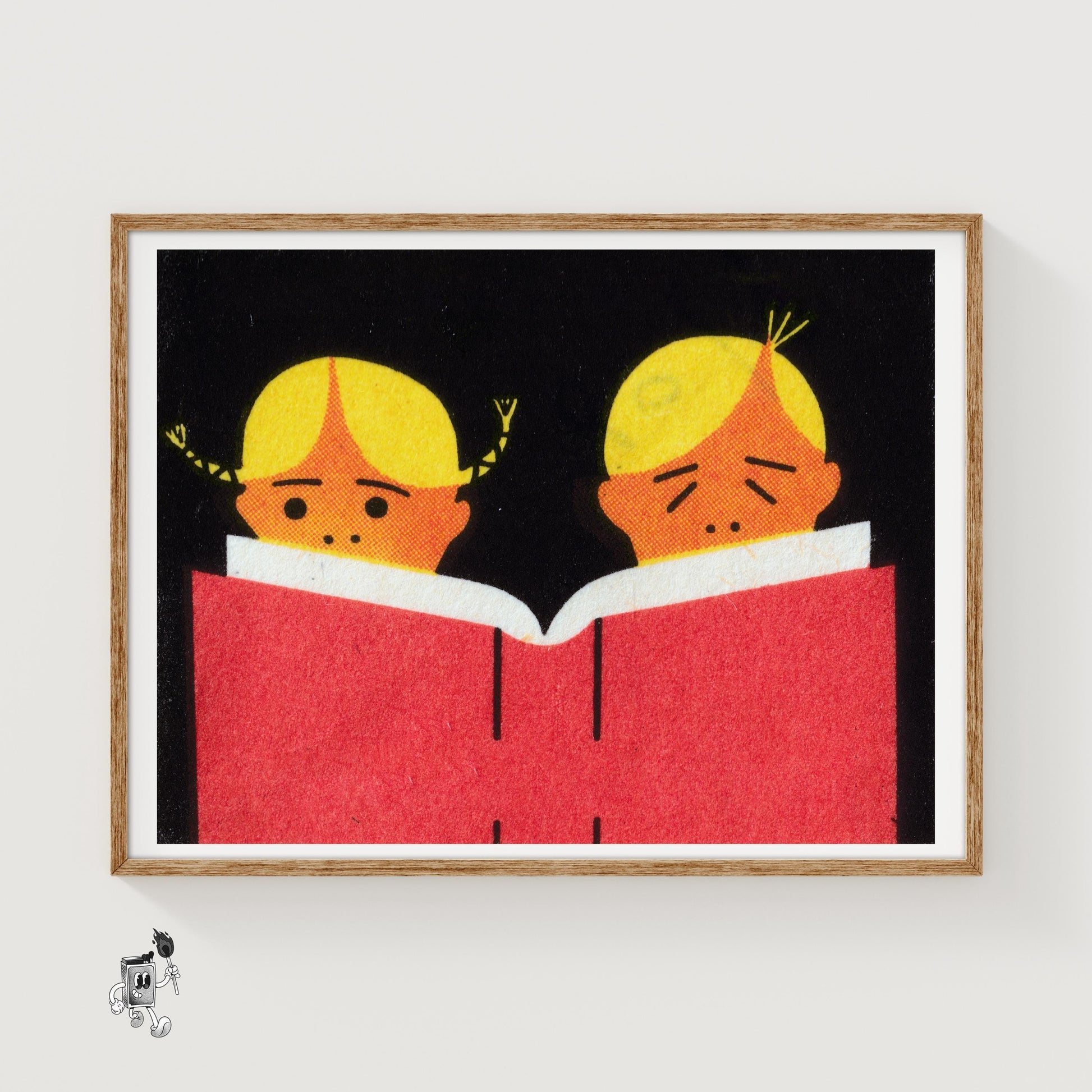 Two Children Reading A Book - vintage matchbox label print