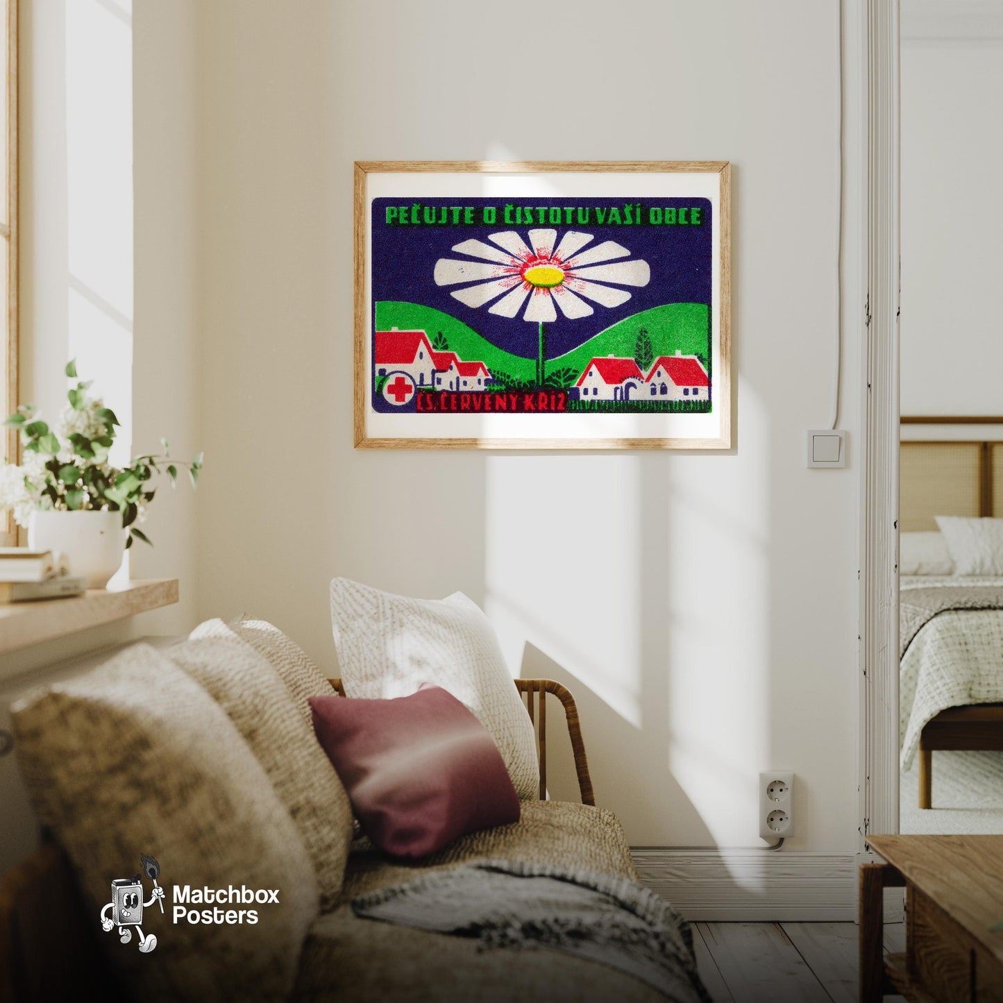 Large Daisy - vintage matchbox label print - living room mockup
