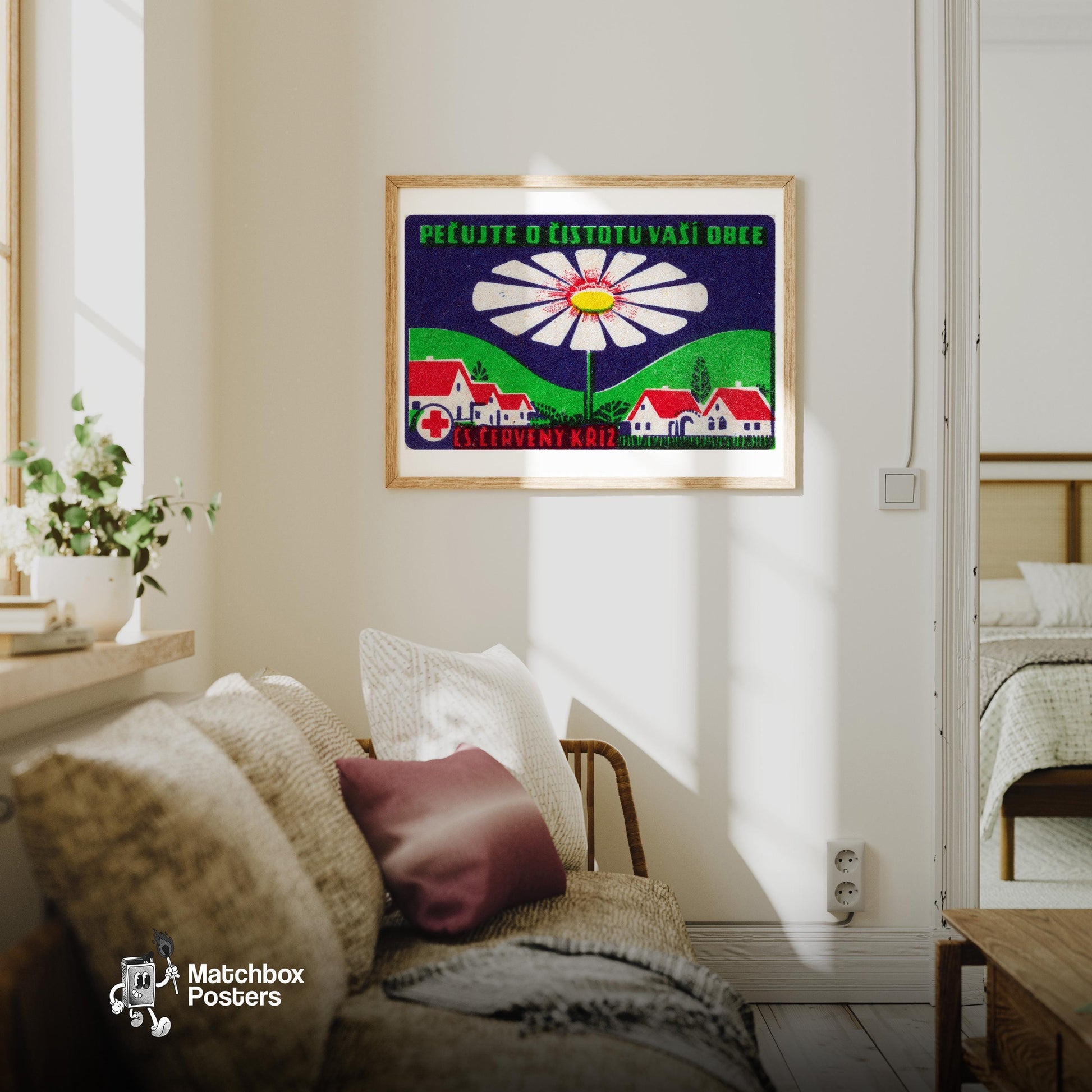 Large Daisy - vintage matchbox label print - living room mockup