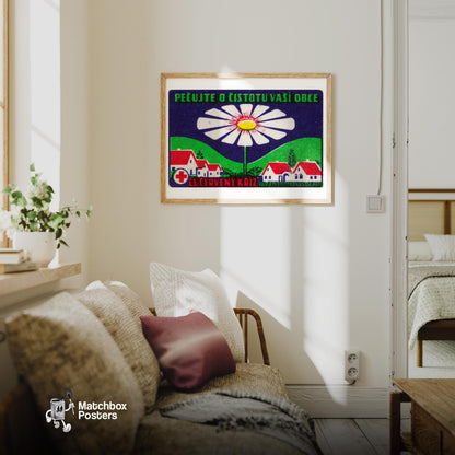 Large Daisy - vintage matchbox label print - living room mockup