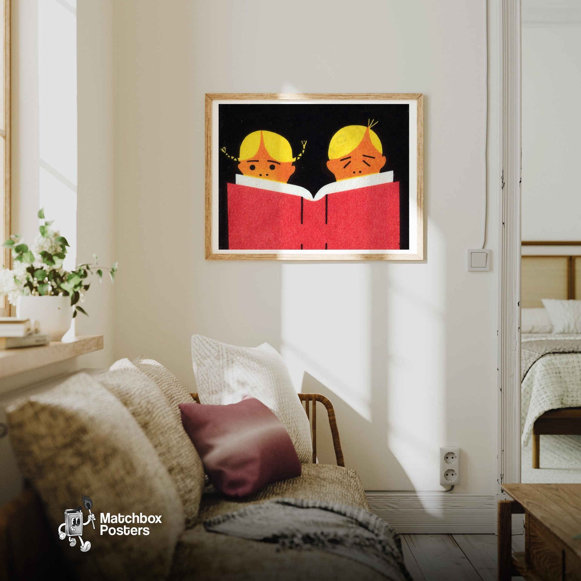 Two Children Reading A Book - vintage matchbox label print - living room mockup