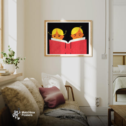 Two Children Reading A Book - vintage matchbox label print - living room mockup
