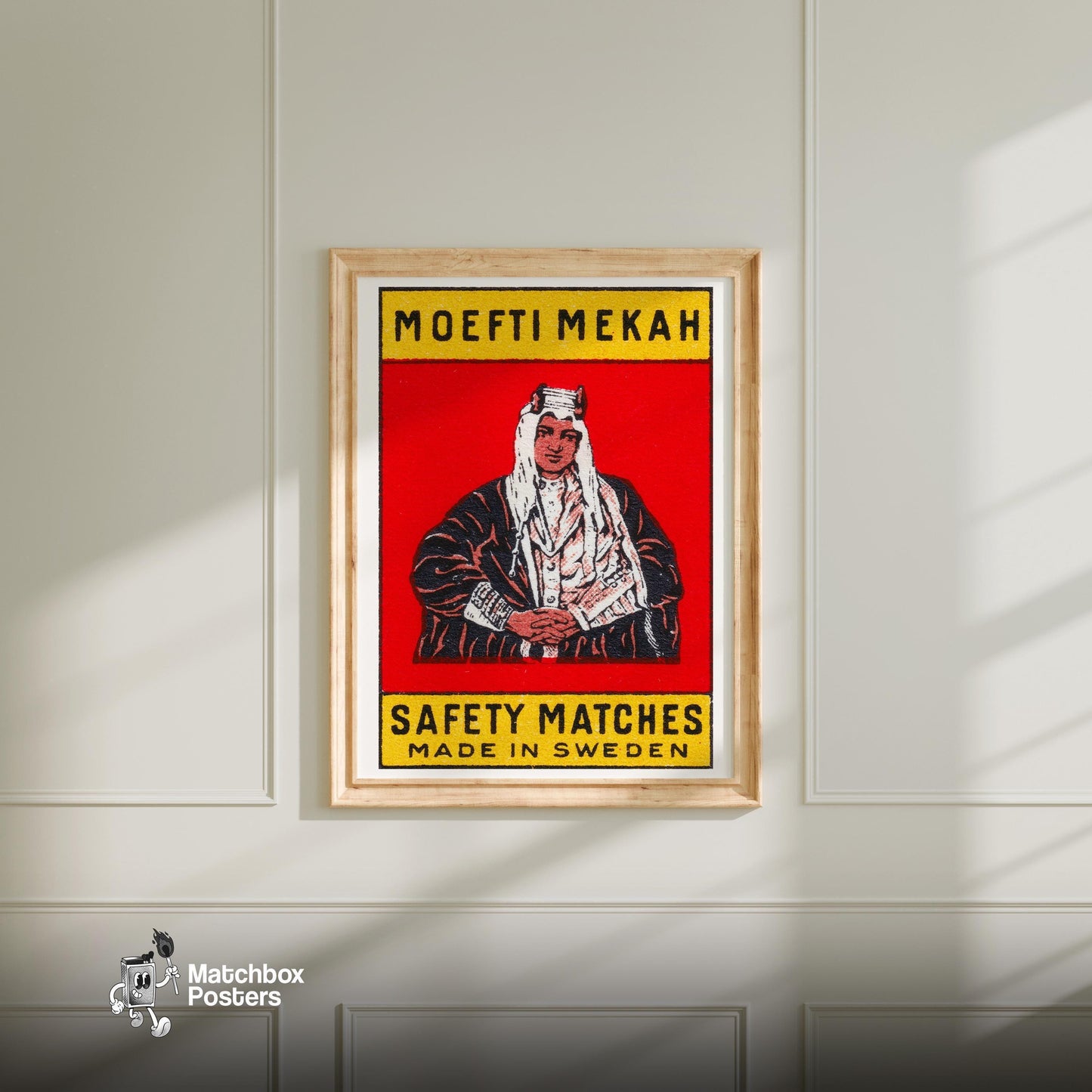 Moefti Mekah - vintage matchbox label print - bedroom mockup