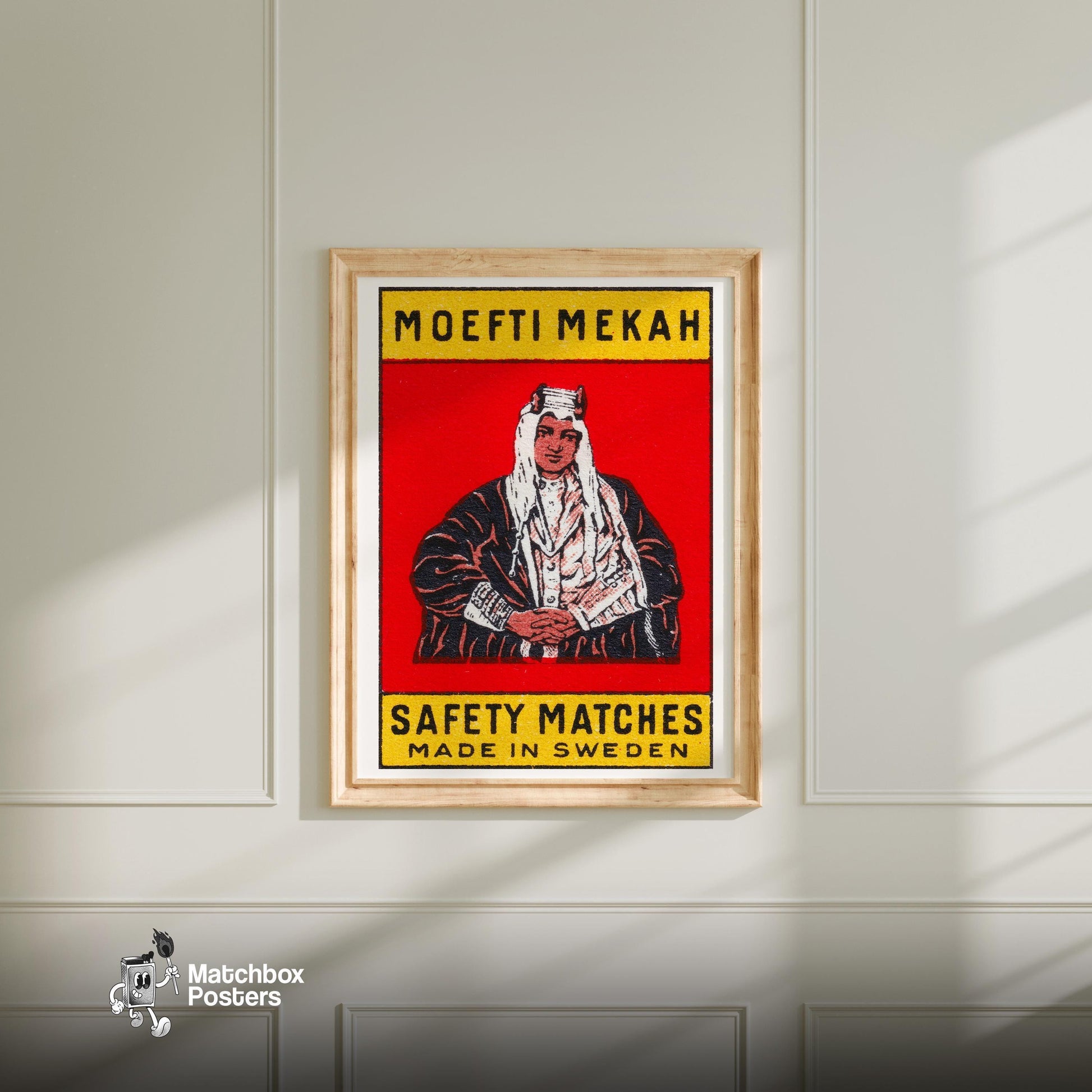 Moefti Mekah - vintage matchbox label print - bedroom mockup