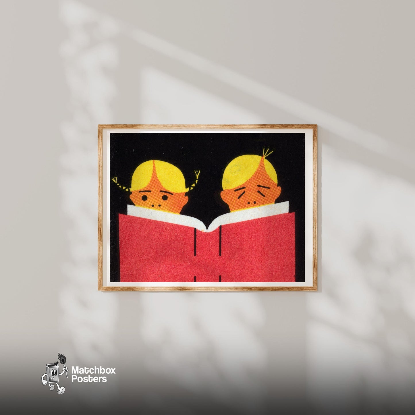 Two Children Reading A Book - vintage matchbox label print - bedroom mockup