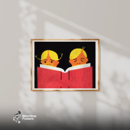 Two Children Reading A Book - vintage matchbox label print - bedroom mockup