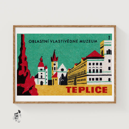 Illustration Of Teplice Buildings - vintage matchbox label print