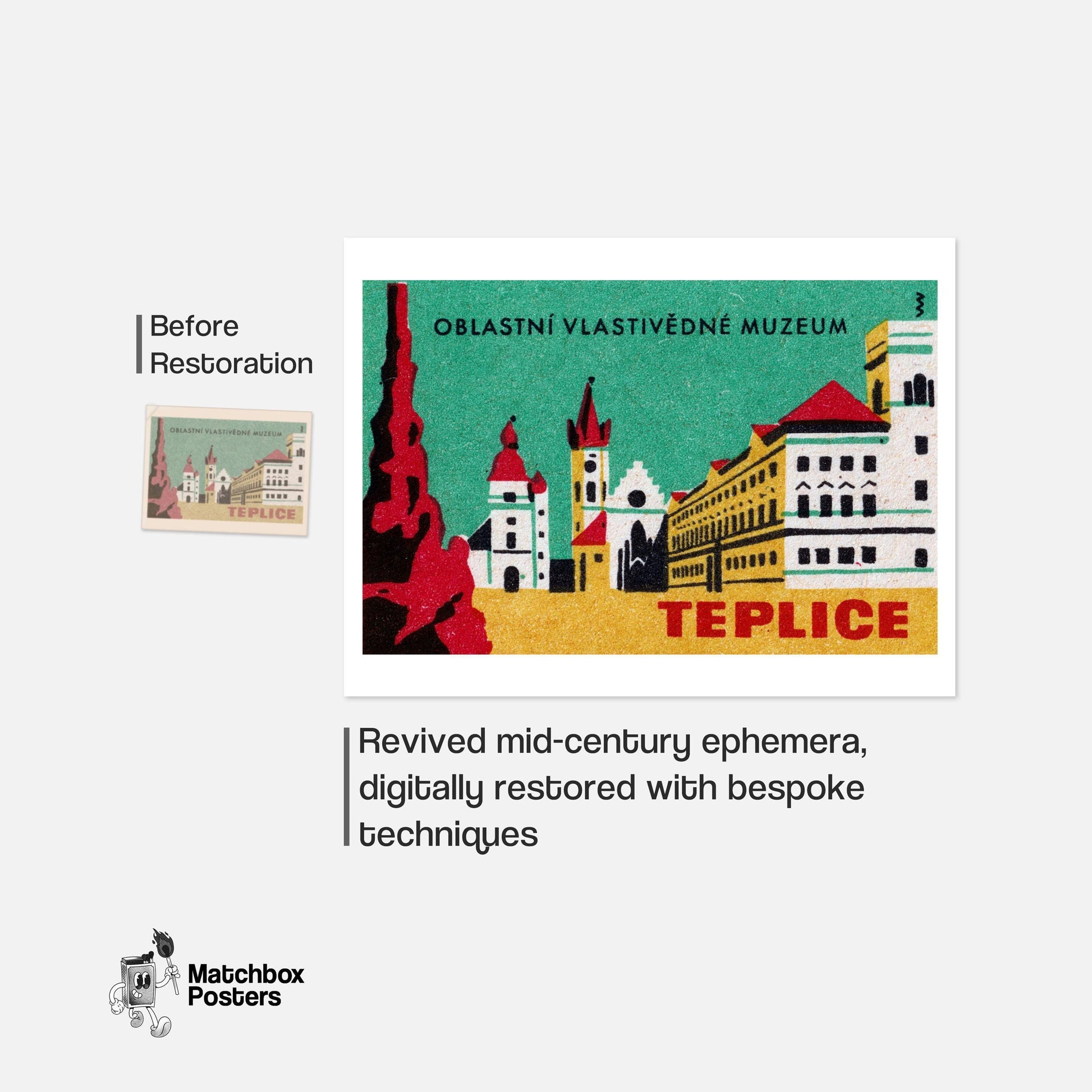 Illustration Of Teplice Buildings - vintage matchbox label print - framed wall art preview