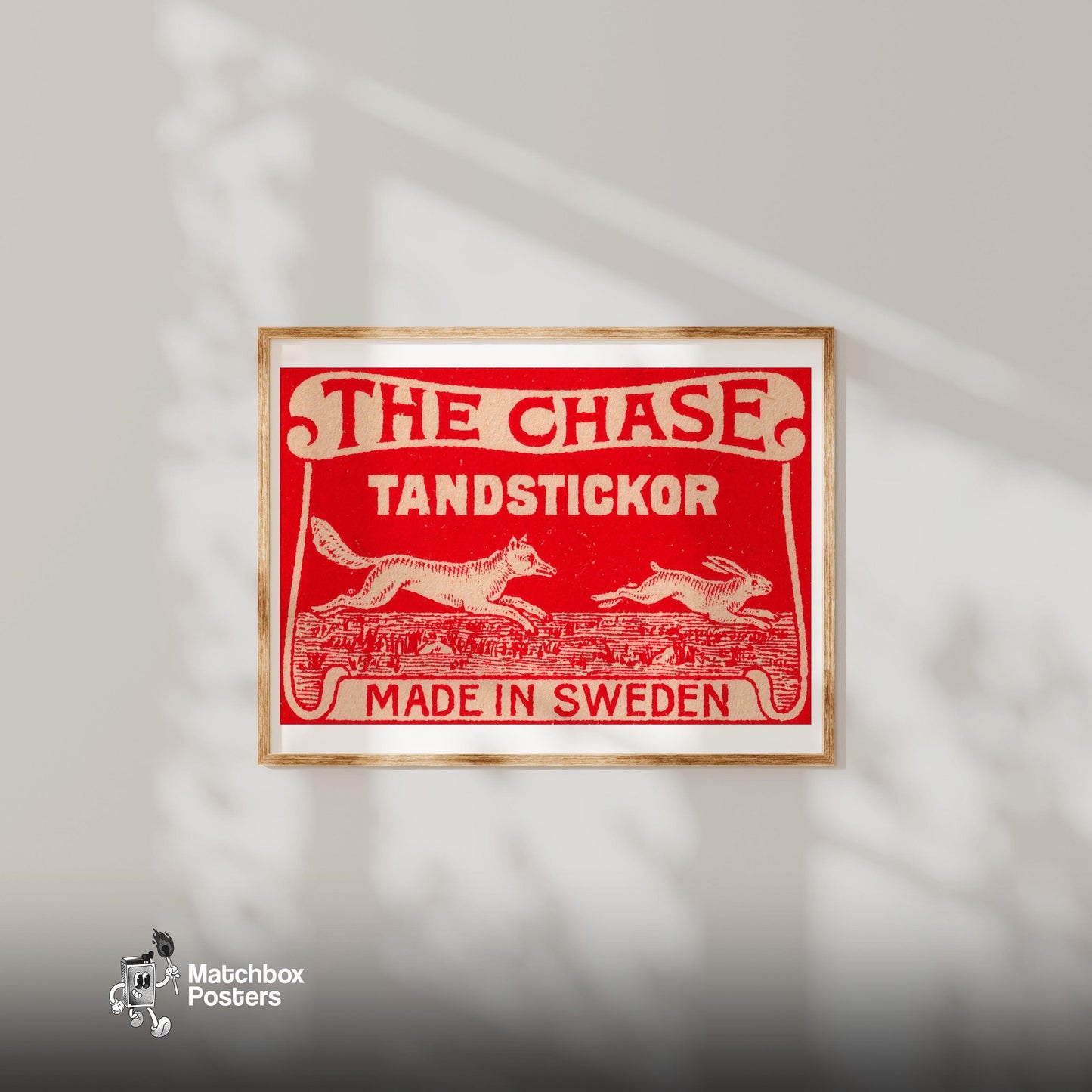 The Chase - vintage matchbox label print - bedroom mockup