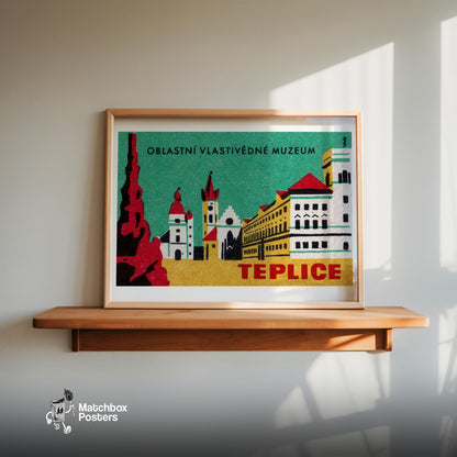 Illustration Of Teplice Buildings - vintage matchbox label print - size comparison