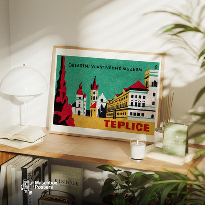 Illustration Of Teplice Buildings - vintage matchbox label print - office wall