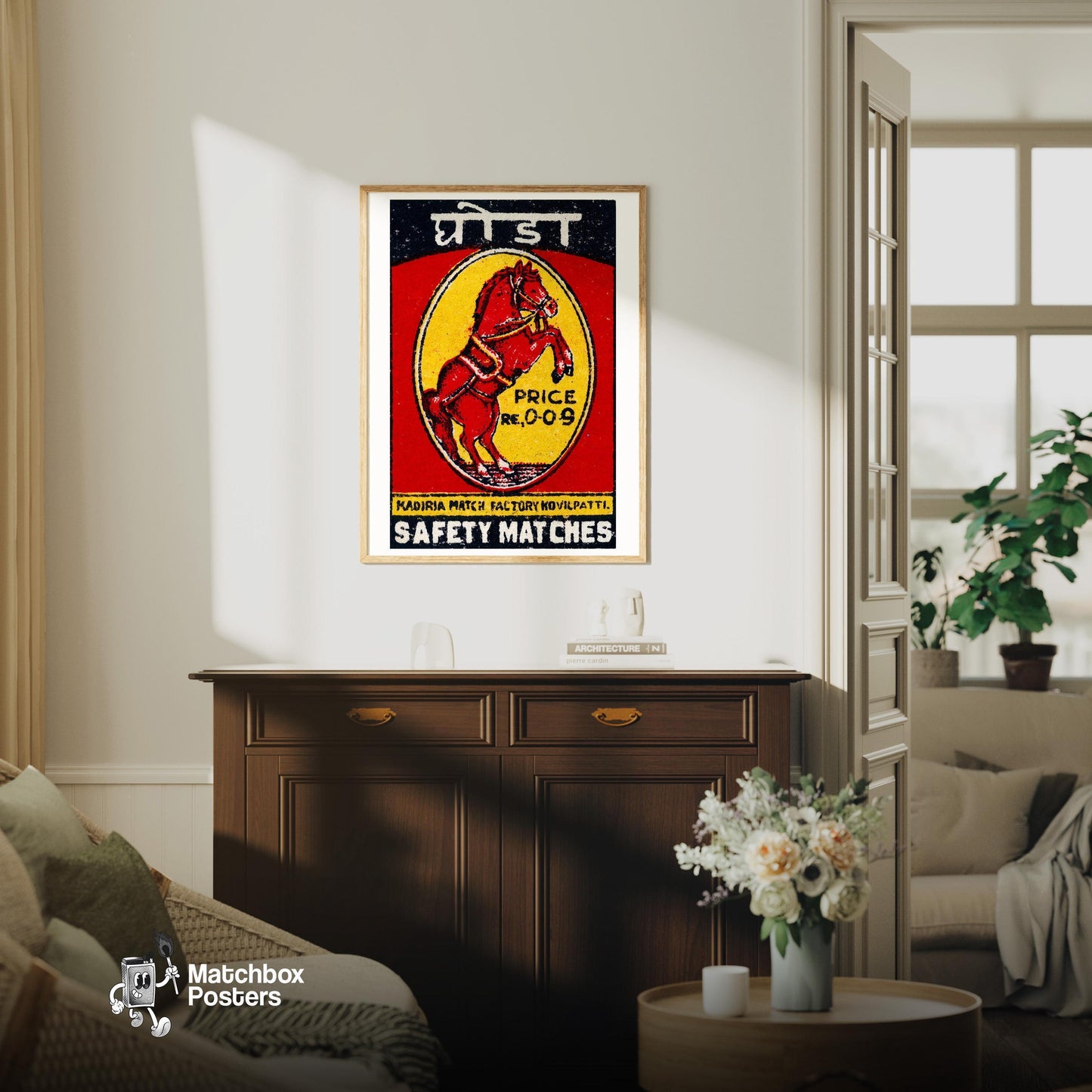 Red Horse - vintage matchbox label print - living room mockup