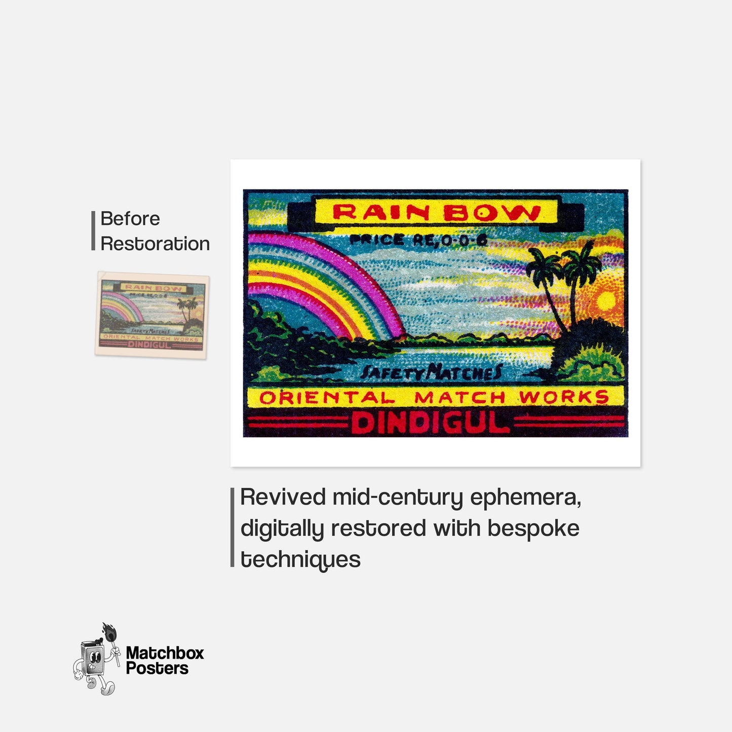 Rainbow: Vintage India Matchbox Label - vintage matchbox label print - framed wall art preview