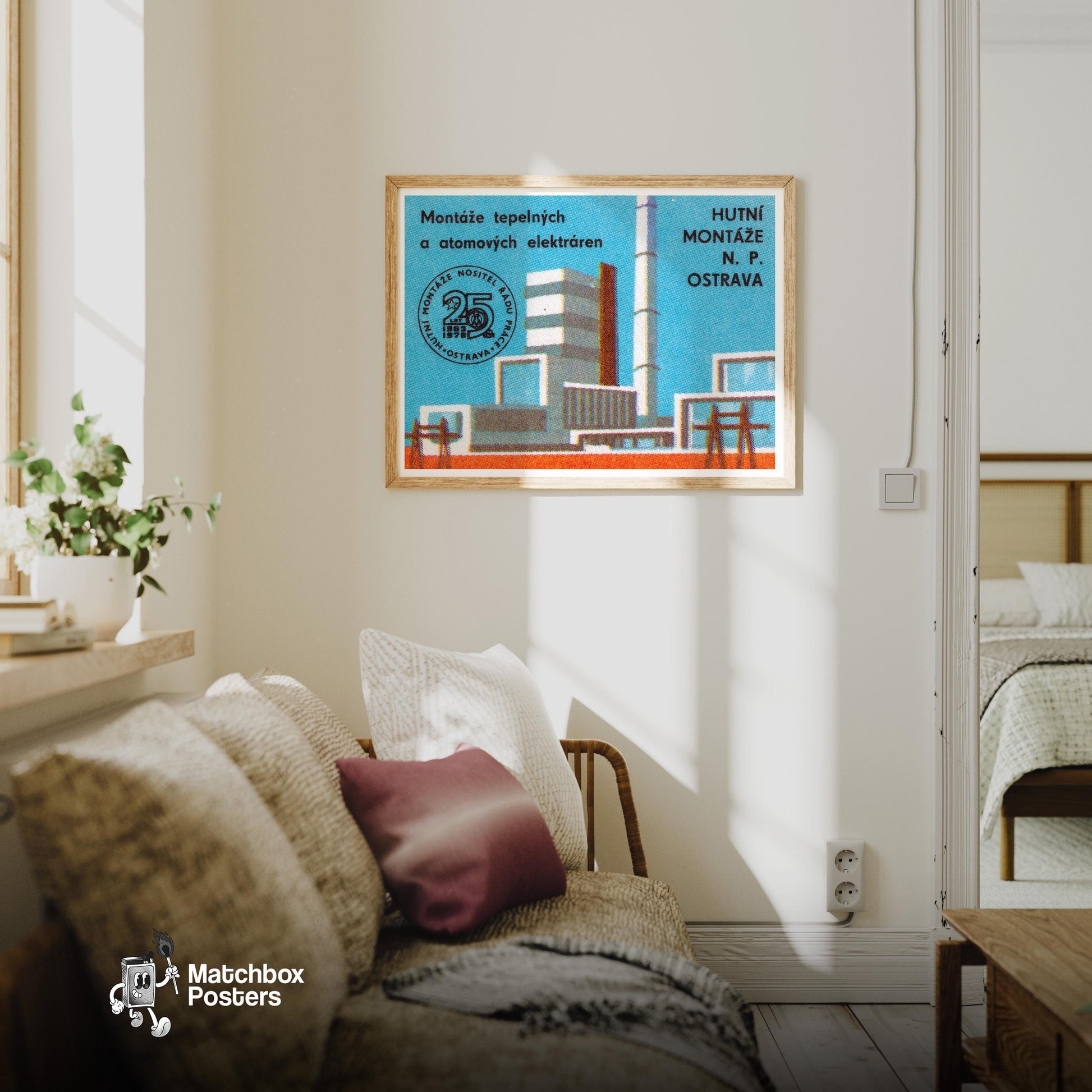 Nuclear Power Plant - vintage matchbox label print - living room mockup