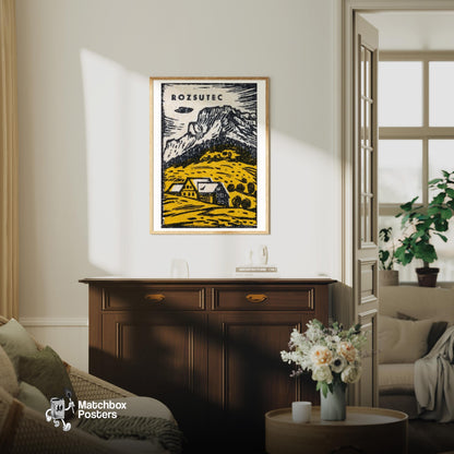 Mountain Scene - vintage matchbox label print - living room mockup