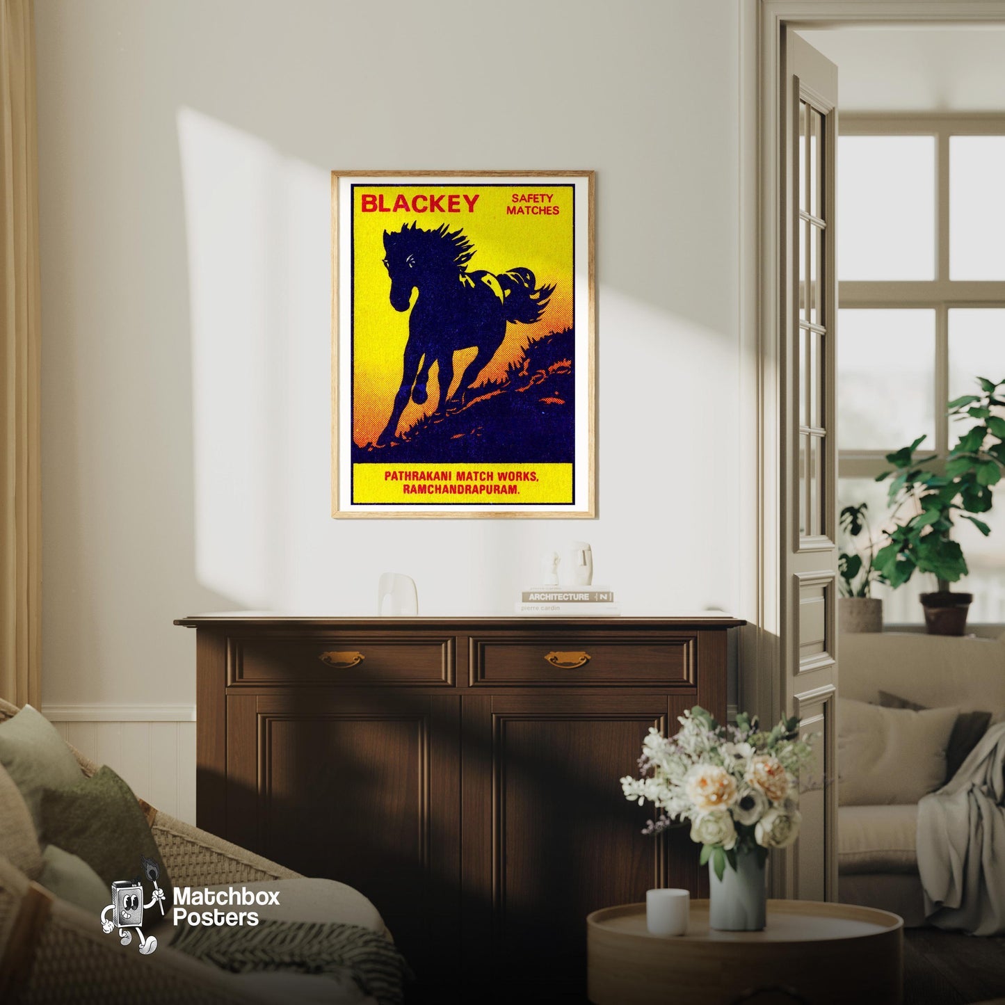 Blackey Horse - vintage matchbox label print - living room mockup
