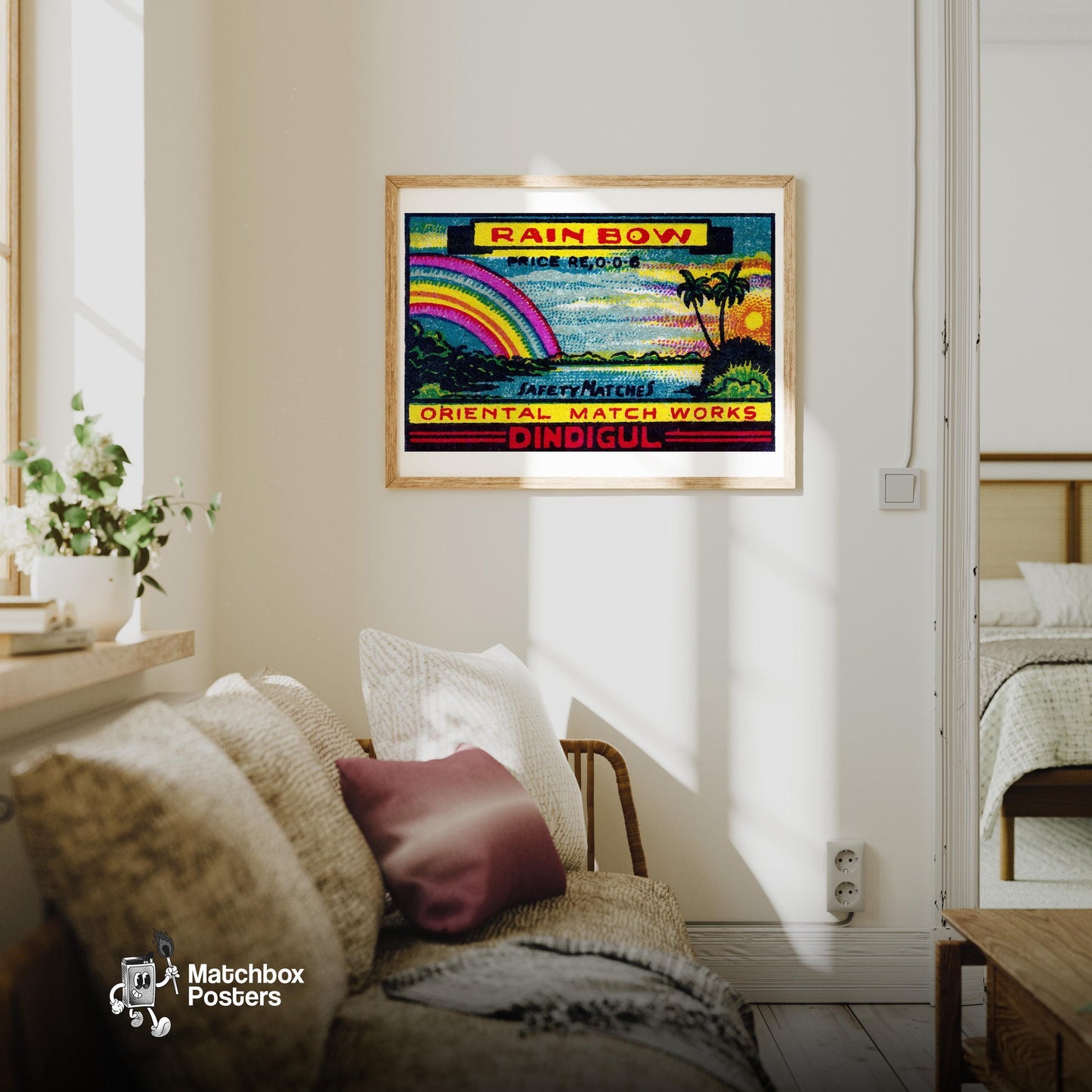 Rainbow: Vintage India Matchbox Label - vintage matchbox label print - living room mockup