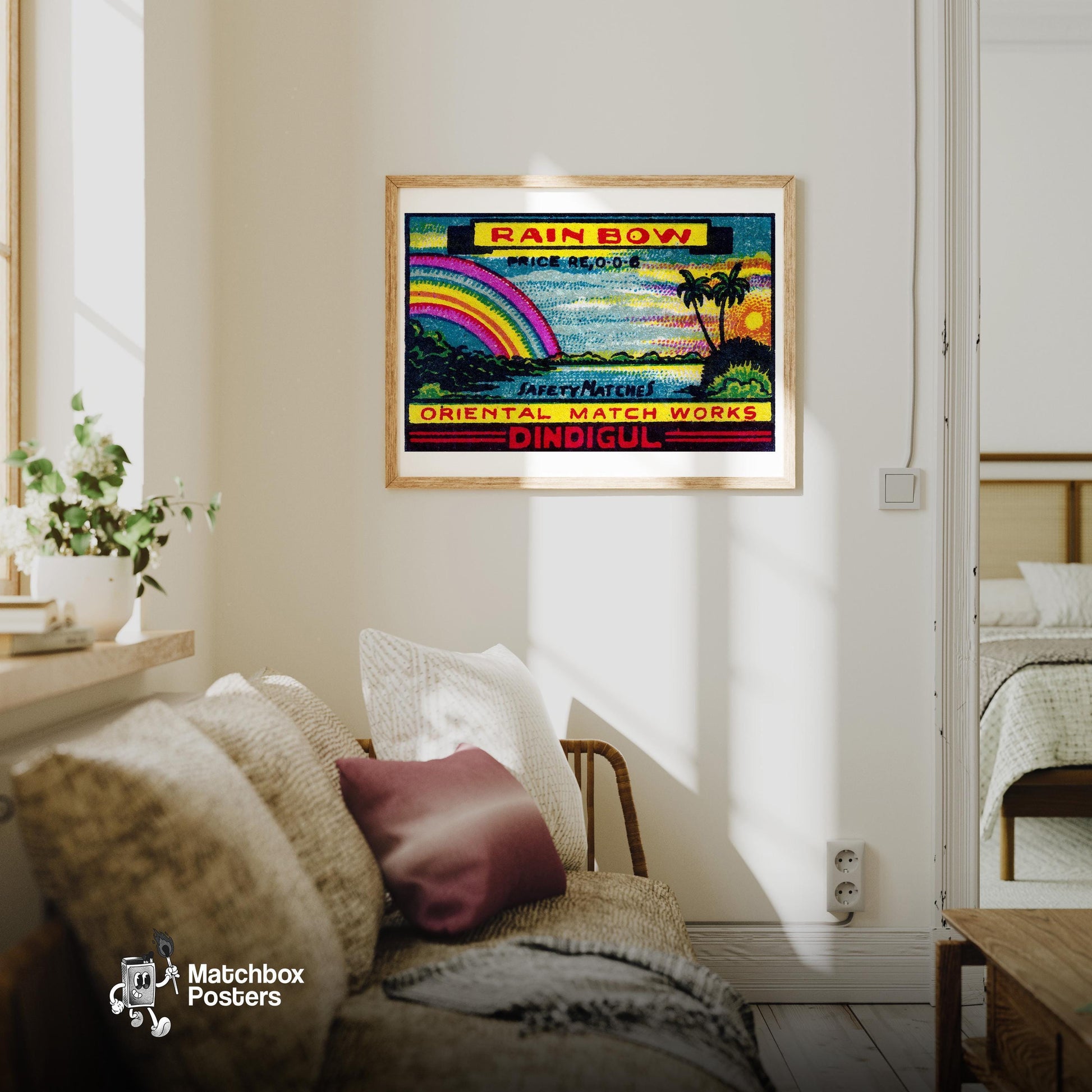 Rainbow: Vintage India Matchbox Label - vintage matchbox label print - living room mockup