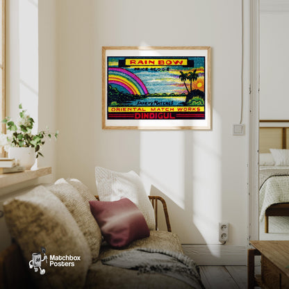 Rainbow: Vintage India Matchbox Label - vintage matchbox label print - living room mockup