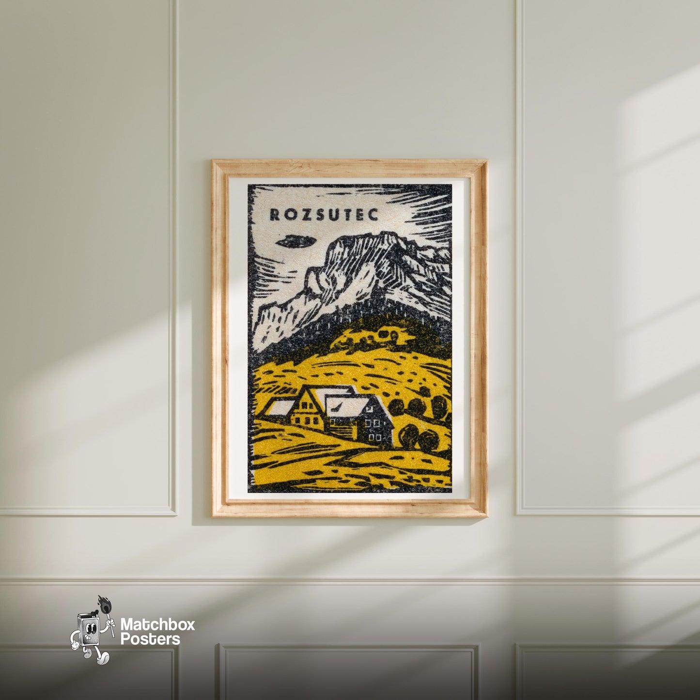Mountain Scene - vintage matchbox label print - bedroom mockup