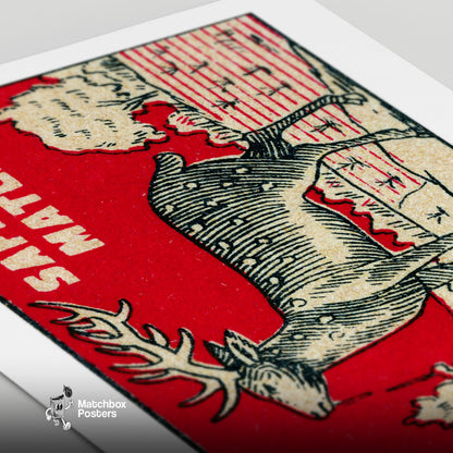 Deer Drinking Water - vintage matchbox label print - close-up detail