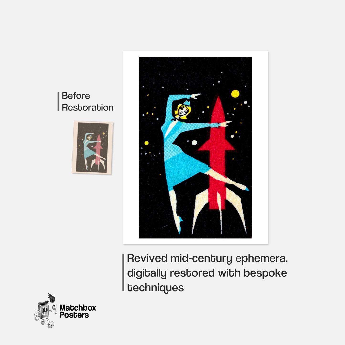 Rocket Dancer - vintage matchbox label print - framed wall art preview