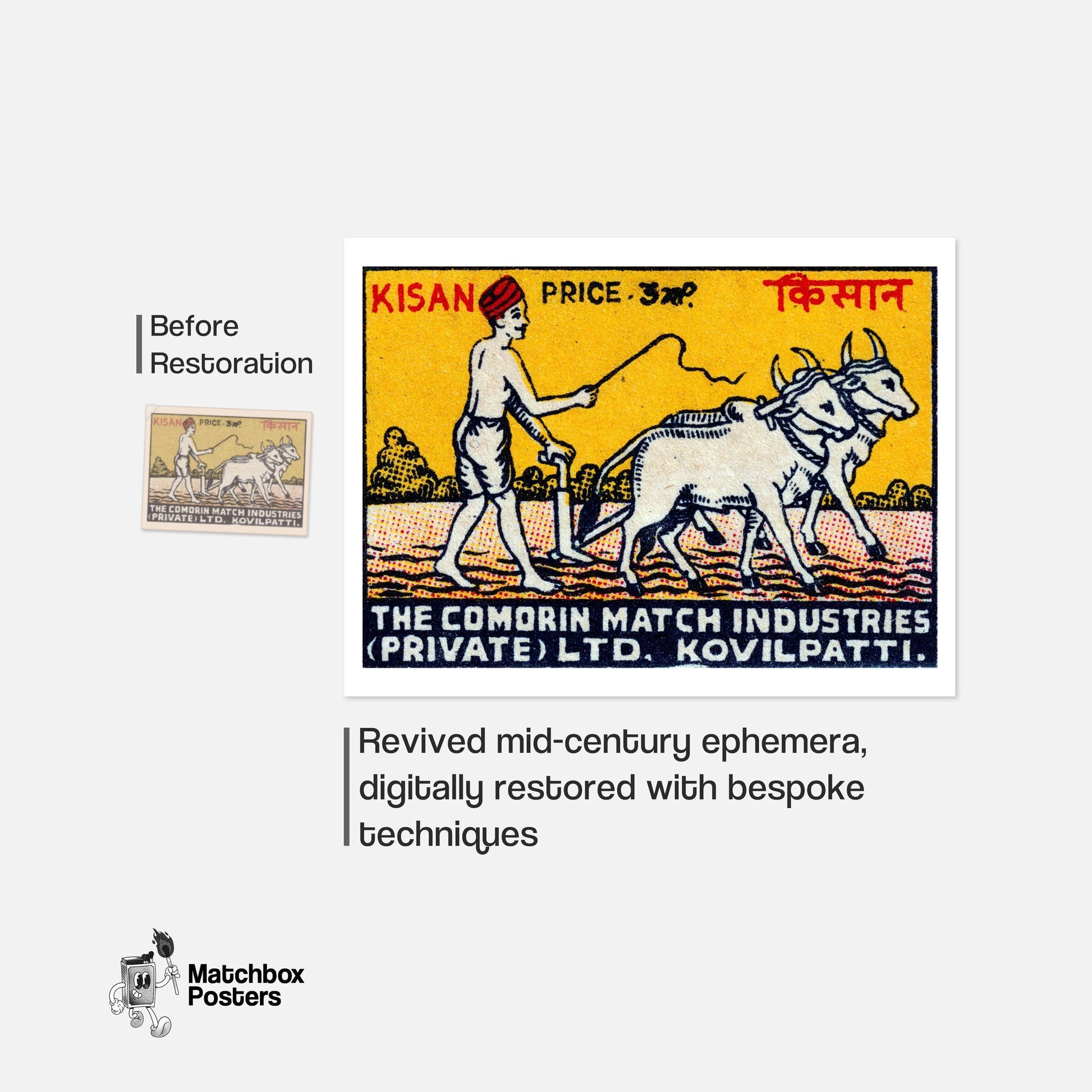 Farmer and Cows - vintage matchbox label print - framed wall art preview